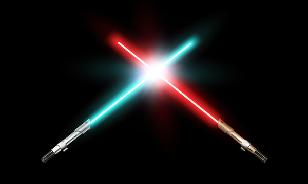 New realistic design red and cyan crossed neon swords isolated on black background. Vector illustration