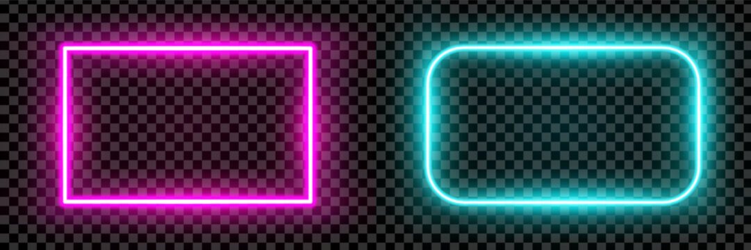 Realistic pink and turquoise rectangle led neon tube frames isolated on transparent background. Light effect photo frame. Detailed vector illustration