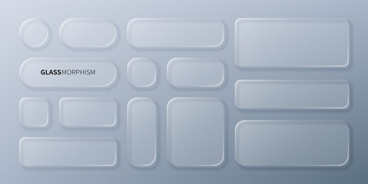 Set of glass morphism UI elements with frosted transparent effect. Vector buttons and panels for modern interface design. Minimalist frosted glass shapes for digital application layout.