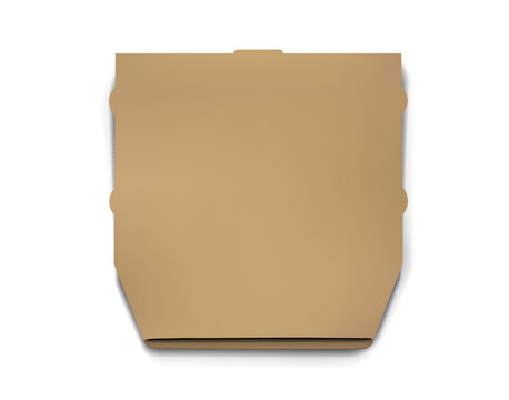 Photorealistic yellow closed paper cardboard pizza box mockup isolated on transparent background. Food delivery degradable package. Vector PNG