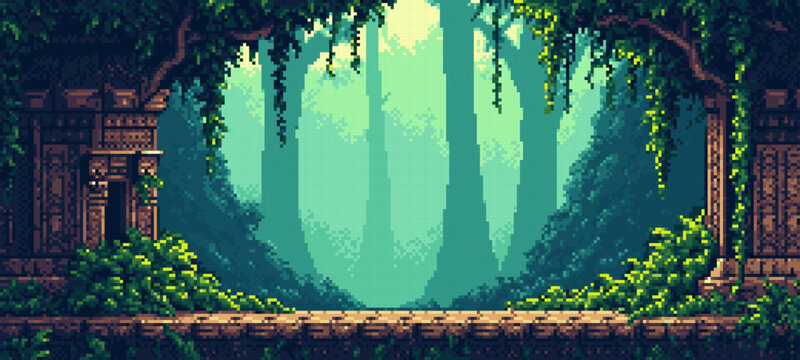 Pixel art jungle background with ancient temple ruins among tropical trees. Retro video game platformer level design. Digital landscape with stone architecture and climbing plants.