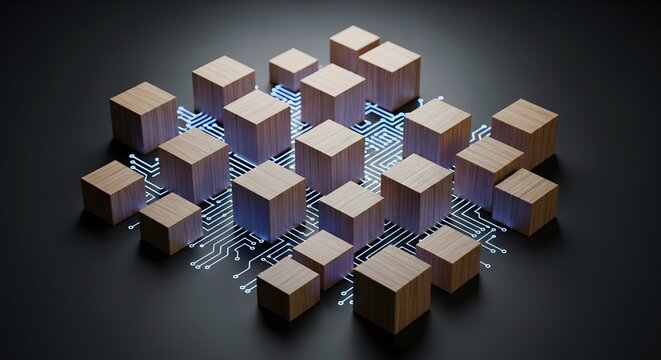 Abstract digital blocks connected by glowing circuit pathways illustration