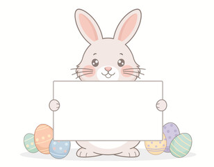 Obraz premium Cute Easter bunny holding a blank board sign with copy space and decorated eggs. A perfect design for Easter-themed messages and celebrations. Cute easter bunny illustration vector.