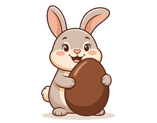 Obraz premium Cute cartoon rabbit holding a large chocolate egg. Cute easter bunny illustration vector.