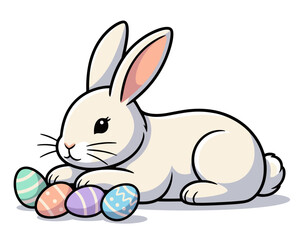 Fototapeta premium Cute easter bunny with painted eggs. This adorable bunny is surrounded by colorful Easter eggs. Cute easter bunny illustration vector.