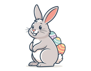 Fototapeta premium A cute cartoon grey Easter bunny with colorful eggs on its back, smiling happily, on a white background.