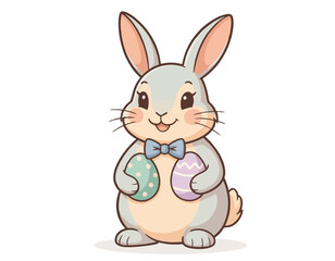 Obraz premium A cute cartoon Easter bunny wearing a blue bow tie and holding two decorated pastel eggs, ready for a holiday celebration. Cute easter bunny vector.