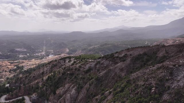High aerial panorama of Mount Owen Horsetail falls near Queenstown of Tasmania.