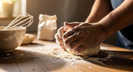 Fototapeta premium Hands kneading dough on a wooden table dusted with flour, preparing for baking