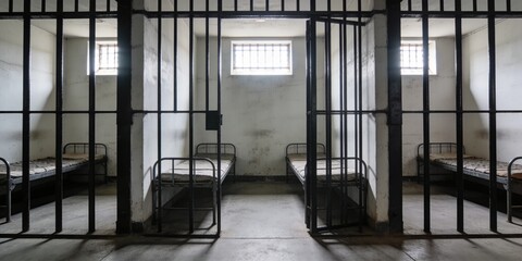 prison cell with metal bars and beds