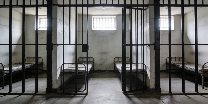 prison cell with metal bars and beds