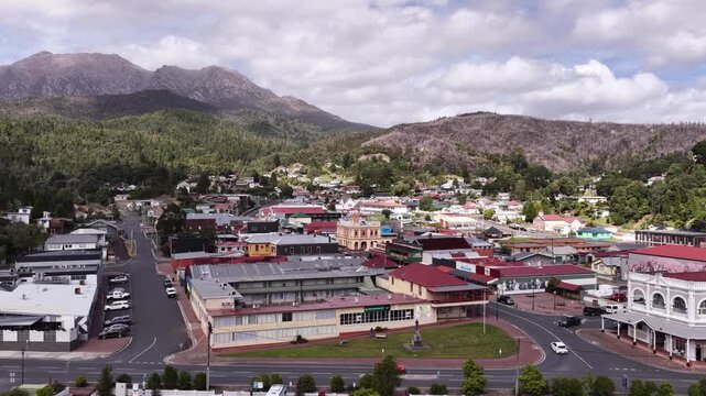 Queenstown up aerial city view on the West Coast of Tasmania in Australia &ndash; scenic.