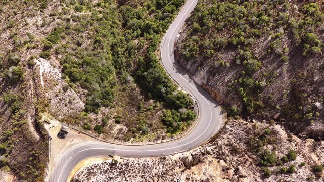 Queenstown steel road sign lookout on Lyell Highway in Tasmania &ndash; aerial panorama.
