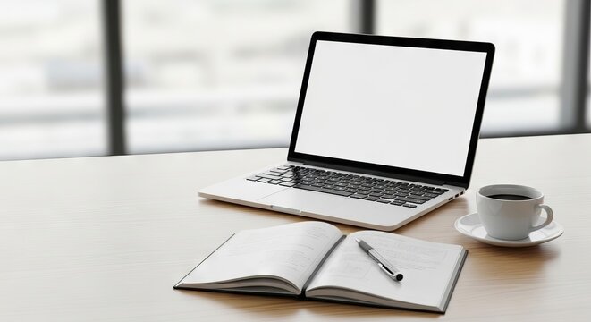 Laptop with blank white screen on office desk with notebook and coffee cup. Modern workspace for remote work or study. Minimalist business setup for text placement. Corporate communication concept