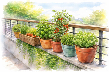Fototapeta premium Watercolor illustration of balcony garden with vegetable plants in pots. Terrace cultivation for homegrown food