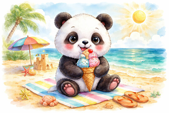 Watercolor illustration of cute baby panda eating ice cream on tropical beach. Summer vacation concept with sandy shore, sun and palm