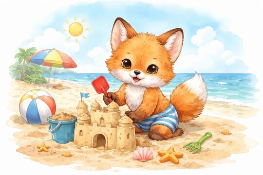 Cute baby fox building sandcastle on tropical beach. Watercolor illustration of little animal playing with toys and ball during summer vacation. Childish cartoon character for holiday greeting card