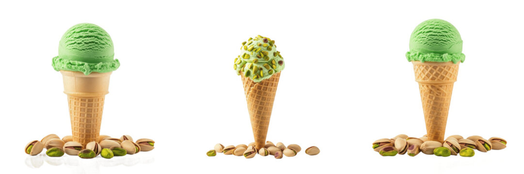 Pistachio Ice Cream Cone with pistachios (Pistacia vera) on white floor. SEO: Premium Pistachio Gelato, Helado de Pistacho, Pistazieneis, Nutty Mediterranean Dessert, Salty Sweet Snack.