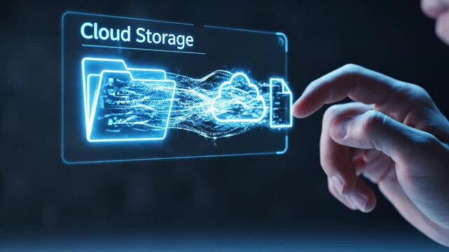This shows a person's hand interacting with a futuristic cloud storage interface in a dark room. The interface displays a holographic representation of data storage and transfer.