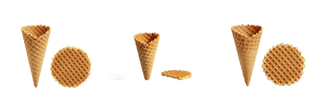 Waffle Ice Cream Cone with waffle piece on white floor. SEO: Belgian Waffle Gelato, Helado de Gofre, Waffeleis, Breakfast Pastry Dessert, Grid Snack, Crunchy Sweet Treat, Toasted.