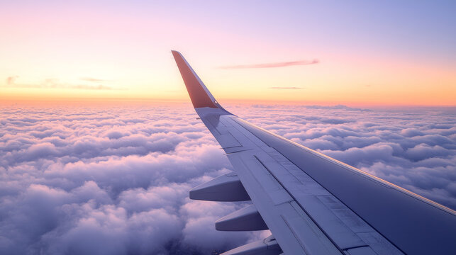Minimal airplane wing view above soft clouds at sunrise with clean sky gradient and large copy space. Perfect for travel, aviation, and business journey concepts with a calm, modern aesthetic.