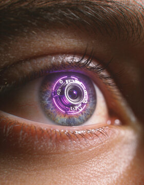 Human eye with a glowing neon purple mechanical camera aperture iris