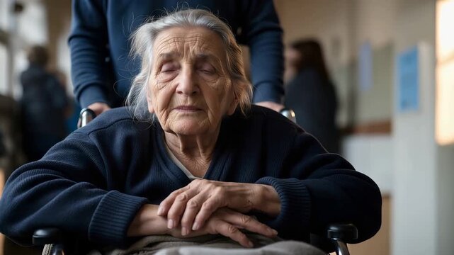 Elderly woman in wheelchair being pushed through refugee shelter. Humanitarian crisis aftermath and evacuation transit. Sad senior civilian in war conflict zone area.