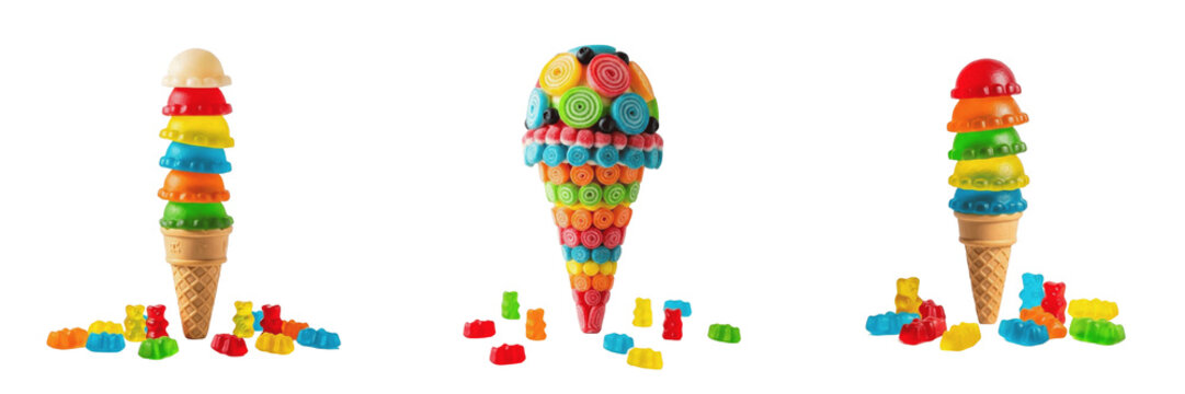 Gummy Candy Ice Cream Cone with Gummy Bears on White Floor, Glace Bonbon G&eacute;lifi&eacute;, Helado de Ositos de Goma, Gelatin Candy, Colorful Kids Treat, Vibrant Sugar Candy
