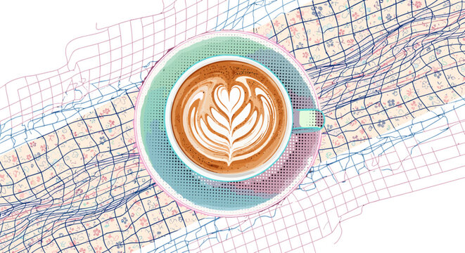 Artistic latte coffee cup with heart shape foam art on colorful abstract background