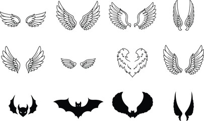 Wing icons for design and decoration, angel and bat wings, feather symbols © Png World Collection