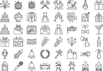 Obraz premium Wedding and party icons set, flat line style vector graphics for web and ui design