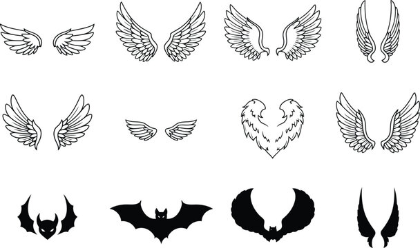 Wing icons for design and decoration, angel and bat wings, feather symbols