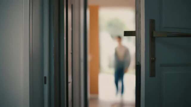 A young person walks through an open doorway into a brightly lit room, creating a sense of transition and new beginnings