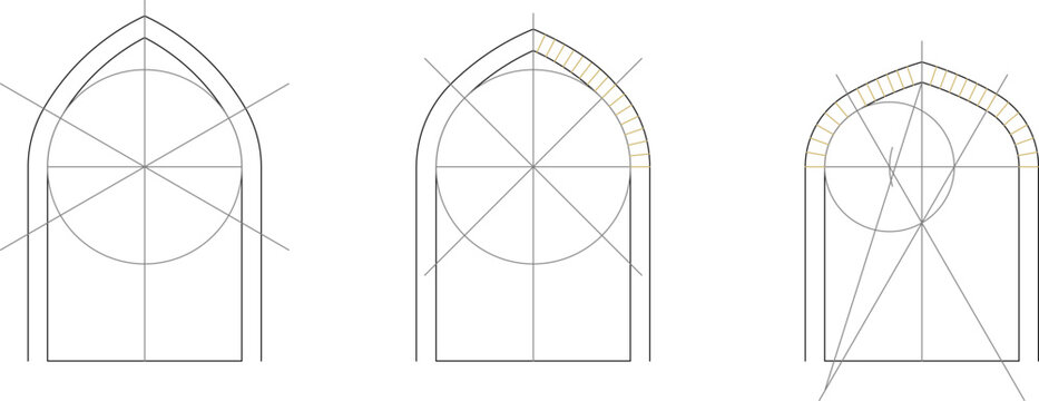 Technical architectural drawing showing three variations of pointed Gothic arches with geometric construction lines and circles for layout.