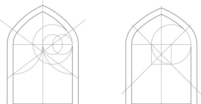 Technical architectural drawing showing the geometric construction of pointed Gothic arches with overlaying circles and lines to define the curvature.