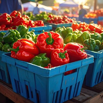 Colorful bell peppers in blue baskets at a vibrant farmers market fresh harvest under bright sunlight healthy food concept