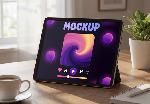 Digital Tablet Wooden Desk Mockup