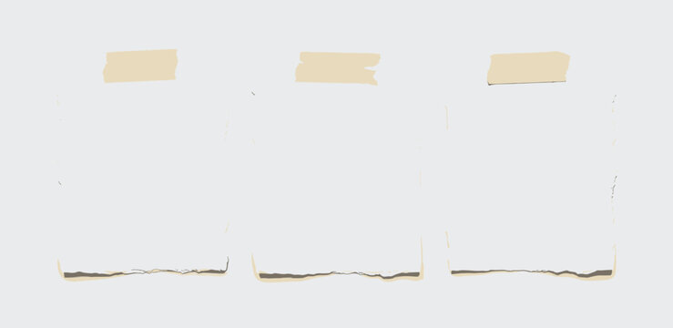 Three torn white paper pieces, taped to a white background, representing blank notes or memos