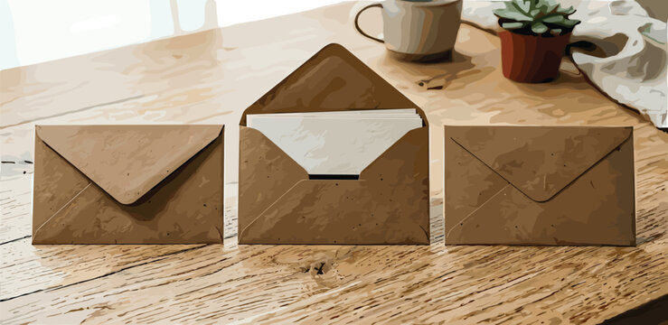 Three brown envelopes, one open with a letter inside, resting on a wooden table with a cup and a plant in the background