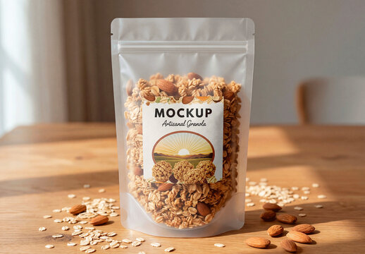 Granola Pouch Wooden Table Mockup