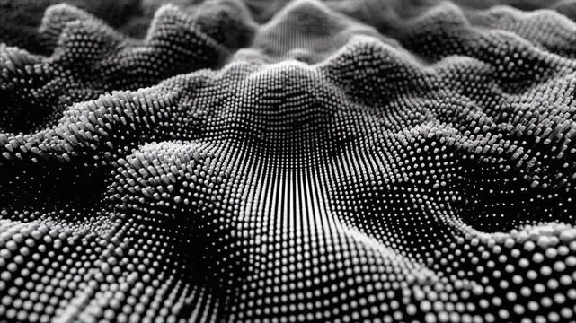 Dynamic abstract landscape crafted from thousands of interconnected digital particles, creating a visually textured and undulating wave-like surface in monochrome