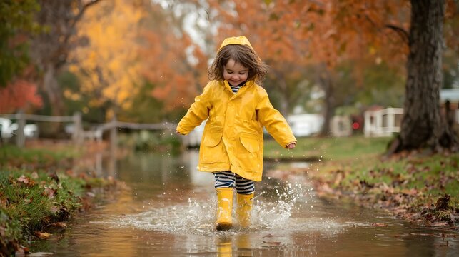A young girl wearing a yellow raincoat and boots splashing in a puddle on a fall day