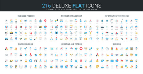 Comprehensive flat icon collection covering business process, project management, information technology, finance income, investing, and banking concepts isolated vector illustration © Iconic Prototype