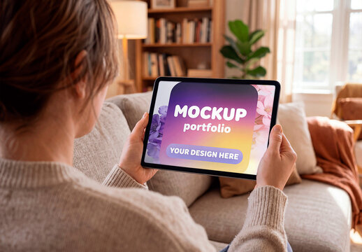 Woman Holding Tablet Living Room Mockup