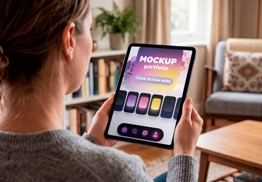 Woman Holding Tablet Living Room Mockup