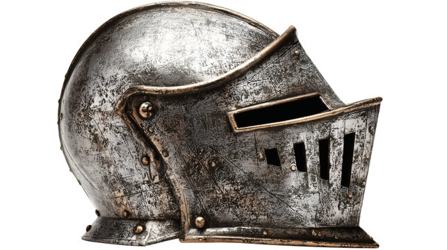 Knight helmet with scratches and realistic metallic reflections, isolated on a white background