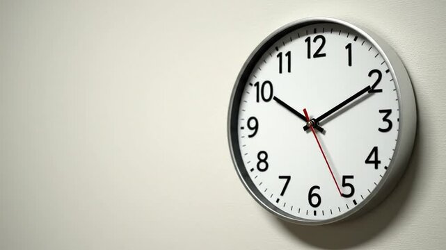 Wall clock with moving red second hand ticking against a plain white wall with large black numerals and a silver frame.