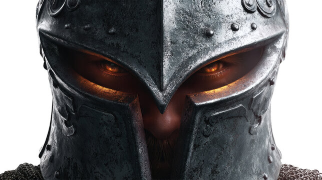 Knight helmet with glowing eyes and dark fantasy style, isolated on a white background