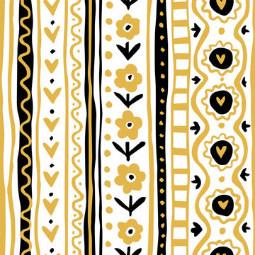 Seamless folk geometric pattern. Hand drawn floral and heart elements. Bold yellow, black and white color palette. Modern decorative design for textile and print. Vector illustration.