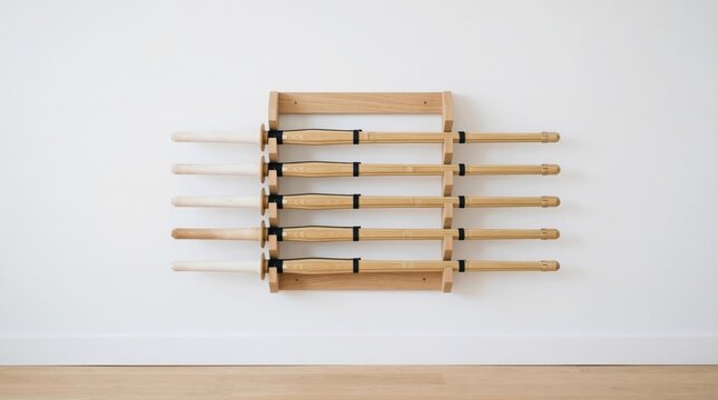 Six traditional Japanese Kendo practice swords neatly displayed on wooden wall rack in modern dojo.